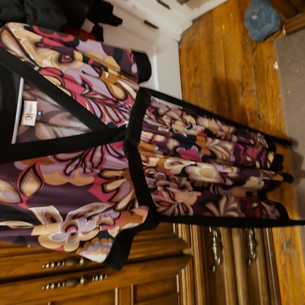 Floral V-Neck Dress with Black Trim